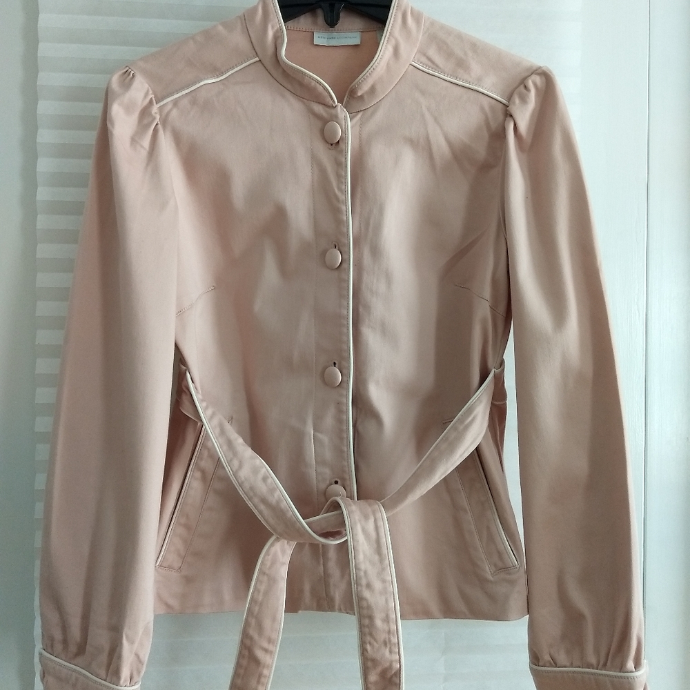Pale pink jacket with cream piping and belt